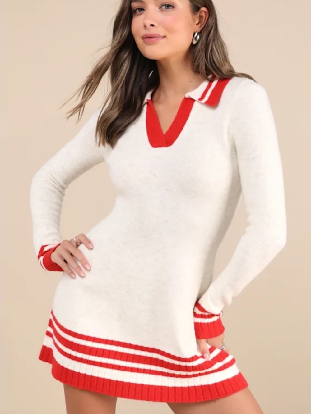 Lulus Soft Serenity Heather Ivory and Red Collared Sweater Mini Dress - Picture 2 of 9